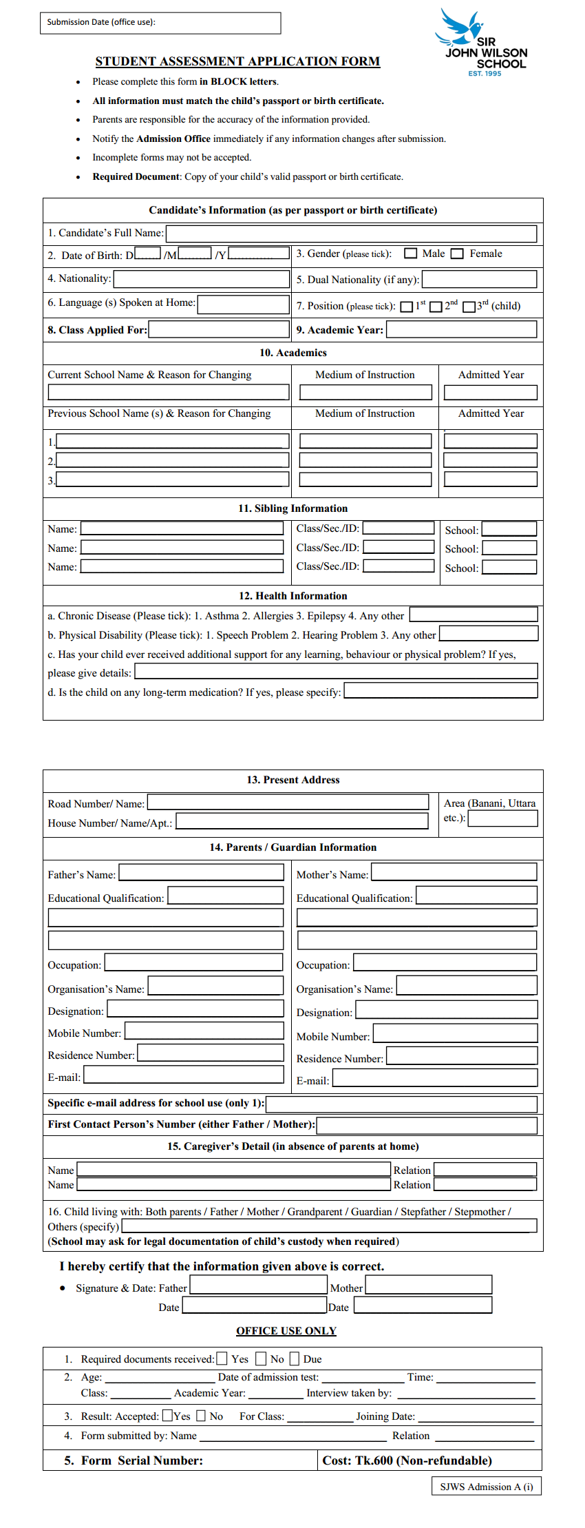 Student Assessment Application Form